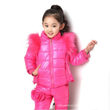 015 winter Cotton-padded jacket + t-shirt + pants / kids winter cloth set / set de trajes de moda